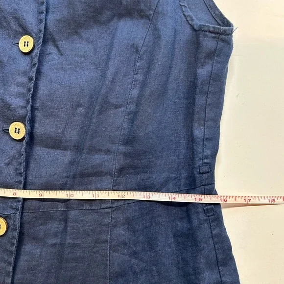 MNG Mango Navy Blue 100% Linen Shirt Dress Sleeveless Brown Button Up - Picture 6 of 9